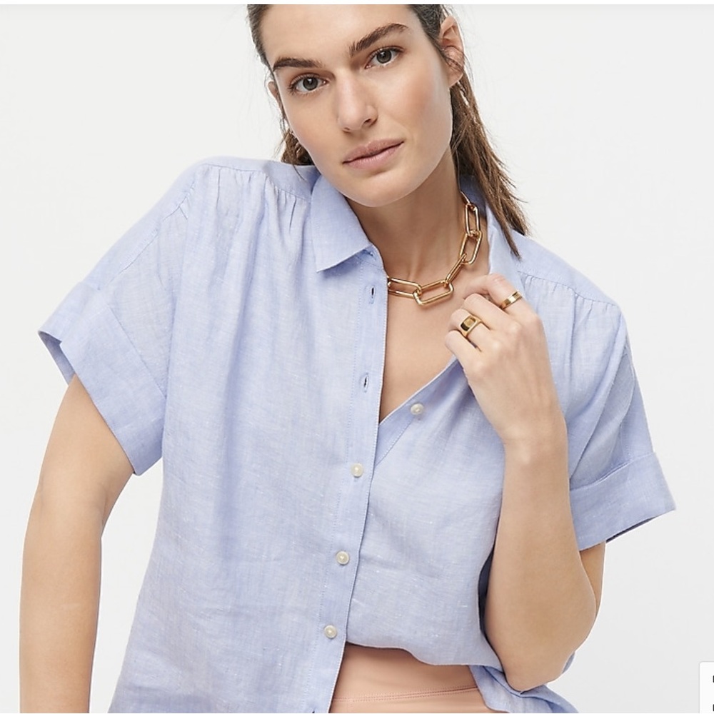J. Crew Relaxed Fit Short Sleeve Shirt in Baird McNutt Irish Linen- French blue